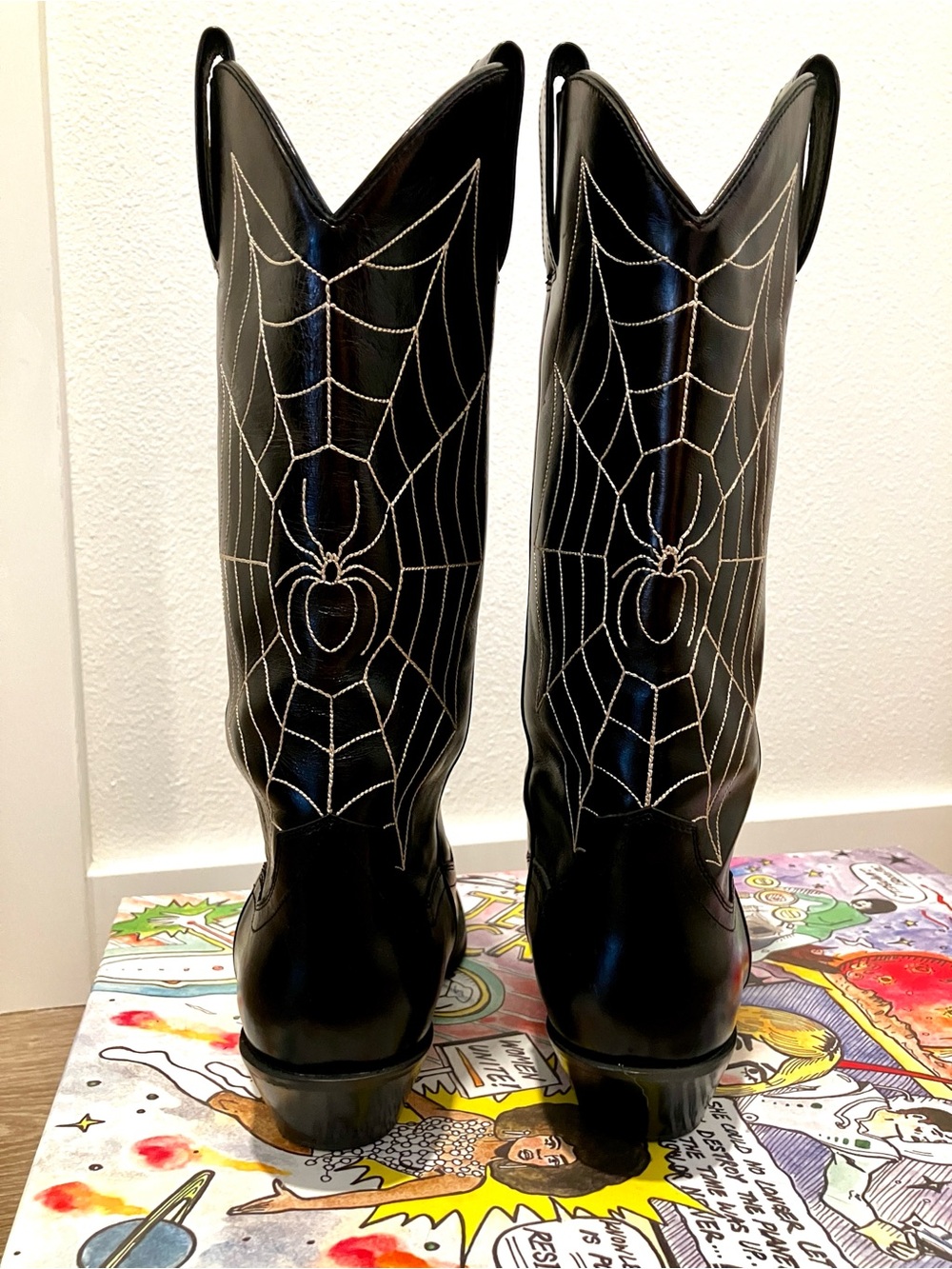 Jeffrey Campbell Black Cowboy Boots with White Spider Web Stitching - Picture 3 of 10